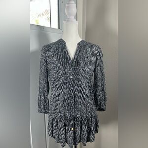 Tory Burch Geometric Tunic 3/4 Sleeve Blouse Button up Shirt Size XS White Navy